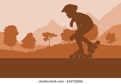 Inline skate kid in park landscape with forest trees vector background
