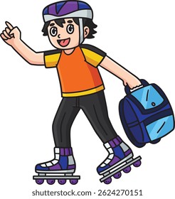 Inline Skater with School Bag Cartoon Clipart 