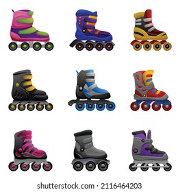 Inline-Skates-Symbole setzen Cartoon-Vektorgrafik. Inline-Aktivität. Außenwalze