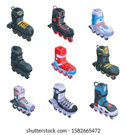 Inline skates icons set. Isometric set of inline skates vector icons for web design isolated on white background