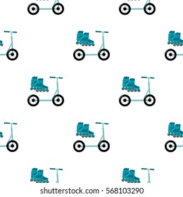 Inline skates and scooter icon in cartoon style isolated on white background. Play garden pattern stock vector illustration.
