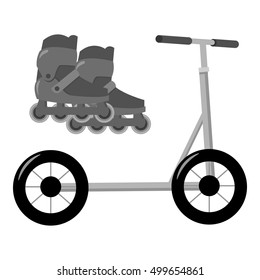 Inline skates and scooter icon in monochrome style isolated on white background. Playground symbol stock vector illustration.