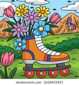 Inline Skates Sprouting Flowers Colored Cartoon
