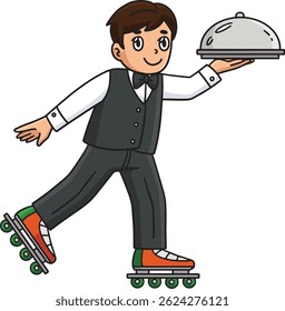 Inline Skates Waiter Cartoon Colored Clipart 