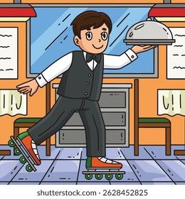 Inline Skates Waiter Colored Cartoon Illustration 