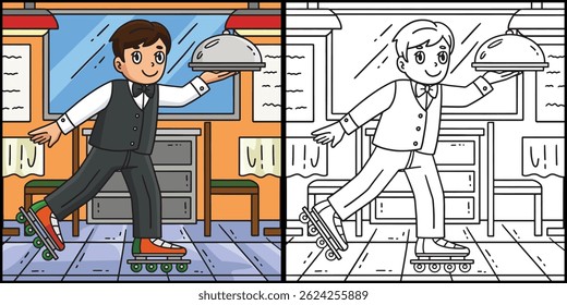 Inline Skates Waiter Coloring Page Illustration 