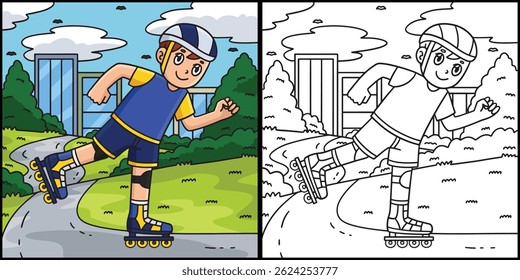 Inline Skating Boy Coloring Page Illustration 