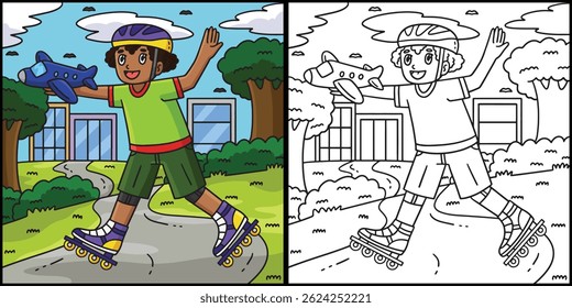 Inline Skating Boy with Toy Coloring Illustration 