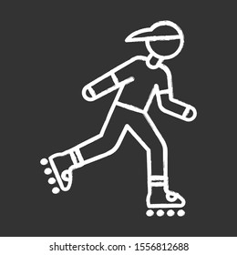 Inline skating chalk icon. Freestyle rollerblading. Fitness skating. Teenager on rollerblades. Person on roller skates. Extreme sport. Isolated vector chalkboard illustration