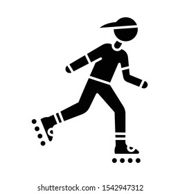 Inline skating glyph icon. Freestyle rollerblading. Fitness skating. Teenager on rollerblades. Person on roller skates. Extreme sport. Silhouette symbol. Negative space. Vector isolated illustration