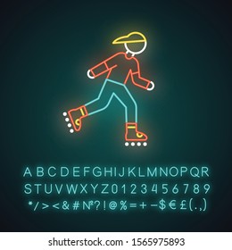Inline skating neon light icon. Freestyle rollerblading. Fitness skating. Teenager on rollerblades. Extreme sport. Glowing sign with alphabet, numbers and symbols. Vector isolated illustration