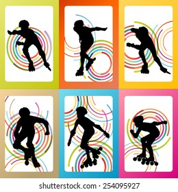 Inline skating silhouettes vector background set