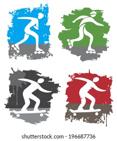 In-line skating and skateboard grunge icons Set of four colorful grunge symbols of in-line skating and skateboarding. Vector illustration. 