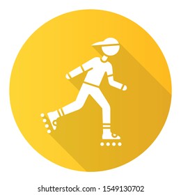 Inline skating yellow flat design long shadow glyph icon. Freestyle rollerblading. Fitness skating. Teenager on rollerblades. Person on roller skates. Extreme sport. Vector silhouette illustration