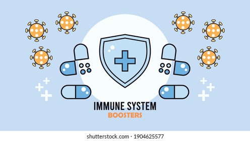 inmune system booster shield with capsules drugs vector illustration design