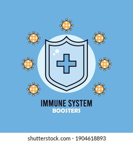 inmune system booster shield with covid19 particles and lettering vector illustration design