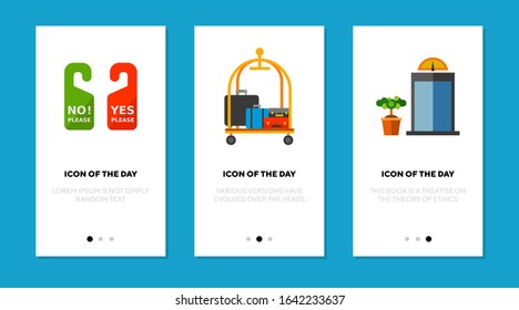 Inn accommodation thin flat icon set. Luggage, trip, vacation isolated vector sign pack. Hotel and travelling concept. Vector illustration symbol elements for web design and apps