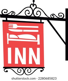 inn sign with bed and knife and fork icon