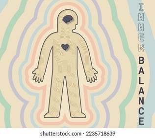 Inner balance like a zen garden concept. Self-care and self-love through care of your inner world. Vector flat cartoon illustration. Human abstract silhouette with a brain and a heart. 