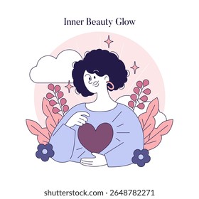 Inner Beauty Glow concept. This illustration focuses on self-love and personal growth, showcasing a person nurturing their inner self surrounded by nature. It conveys warmth and positivity. Vector