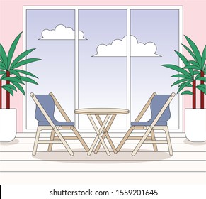 Inner cafe landscape. There are big windows and cafe tables and flower pots. hand drawn style vector design illustrations. 