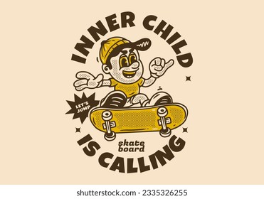 Inner child is calling, Mascot character design of a boy on a skateboard