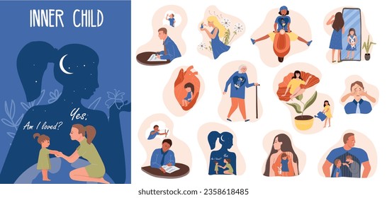 Inner child flat composition set with people experiencing positive and negative emotions isolated vector illustration