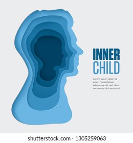 Innere Kindergrafik. 3D-Hintergrund mit blauen, geschnittenen Formen. Farbige Carving-Kunst für Psychologie. Vektordesign-Layout für Präsentationen, Flyer, Poster und redaktionelle Illustrationen