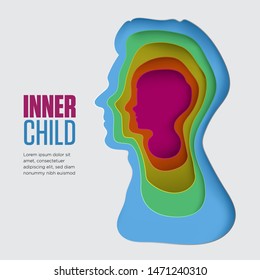 Inner child illustration. 3D layered background with blue paper cut shapes. Colorful carving art for psychology. Vector design layout for presentations, flyers, posters and editorial illustration