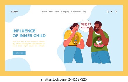 Inner child impact concept. Adults reflect on their childhood personas, acknowledging past influences on current behaviors. Visualization of emotional legacies and self-awareness. Vector illustration