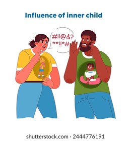 Inner child impact concept. Adults reflect on their childhood personas, acknowledging past influences on current behaviors. Visualization of emotional legacies and self-awareness. Vector illustration