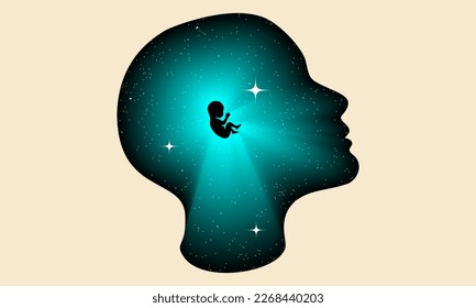 Inner Kind psychologische konzeptuelle Illustration mit menschlicher Kopfsilhouette mit einem Kind Silhouette in ihr. Vektorgrafik. Sternenhimmel im menschlichen Kopf mit Kinderembryonen