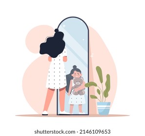 Inner child psychology therapy. Woman stands next to mirror and sees reflection of little girl with teddy bear in her hands. Naivety, carelessness and mental health. Cartoon flat vector illustration