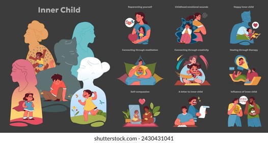 Inner child set. Exploration of self-healing and joy through reconnection with youthful spirit. Nurturing self-growth, embracing past experiences and fostering emotional wellbeing. Vector illustration