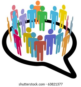 An inner circle of colorful diverse people join to meet in a social media speech bubble