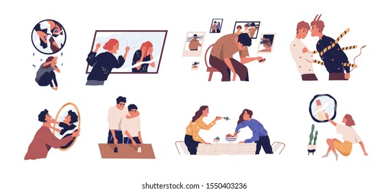 Inner conflict flat vector illustrations set. Internal demons metaphor. People listening to inner voice concept. Patients suffering from mental disorders, psychological diseases, schizophrenia.