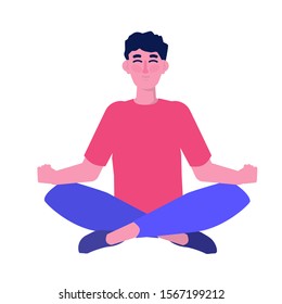 Inner control concept. Finding inner peace. Carefree calm man meditating. Vector illustration