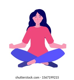 Inner control concept. Finding inner peace. Carefree calm woman meditating. Vector illustration