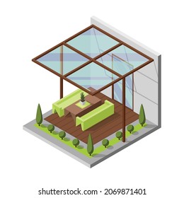 Inner courtyard isometric composition with patio. House with a private terrace and transparent glass cover. Covered veranda for table place. Modern architecture