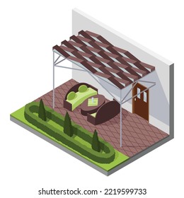 Inner courtyard isometric composition with patio. House with private terrace with covering from above. Covered veranda for table place. Modern architecture