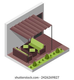 Inner courtyard isometric composition with patio. House with private terrace with covering from above. Covered veranda for table place. Modern architecture