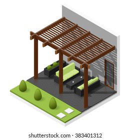 Inner courtyard isometric icon set vector graphic illustration