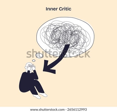 Inner critic is shown as a person overwhelmed by chaotic thoughts, with a large scribble and arrow highlighting mental struggle. Doodle style diagram