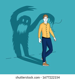 The Inner Demons. A smiling man casts a long shadow in the shape of a monster. People vector illustration