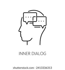 Innerer Dialog. Psychologische Störung, Symbol für psychische Gesundheit. Menschliche Psychologie, kognitive Störungen oder geistige Gesundheit dünne Linie Vektorbild mit Dialog sprechen Wolken in der menschlichen Kopfsilhouette