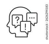 Inner dialogue, icon in line design. Inner dialogue, self-talk, internal monologue, introspection, personal thoughts, mental chatter on white background vector. Inner dialogue, editable stroke