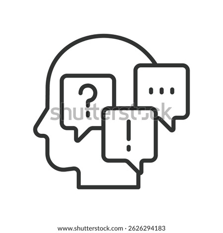 Inner dialogue, icon in line design. Inner dialogue, self-talk, internal monologue, introspection, personal thoughts, mental chatter on white background vector. Inner dialogue, editable stroke
