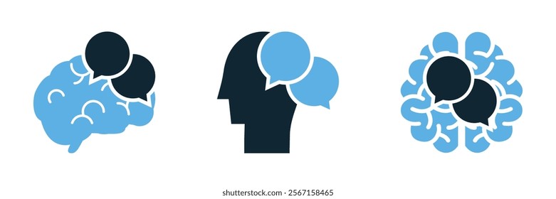 Inner dialogue or internal monologue icon Conceptual illustration of inner thoughts and self-talk using speech bubbles and brain icons