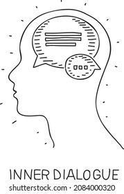 Inner dialogue - sketchy vector illustration. Head with the speech bubbles