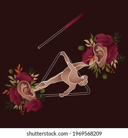 The inner ear of a man stylized as a female silhouette on a musical triangle. The concept of healthy hearing, anatomy, deafness. Vector illustration on isolated background.